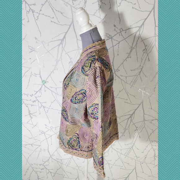 Lifestyle Beige Spiral Psychedelic Embroidered Open Front Jacket - Picture 3 of 6